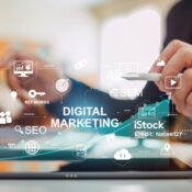 Digital marketing business technology. Website advertisement email social media network, SEO, SEM video and mobile application icons in virtual screen.